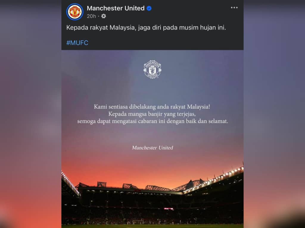 Manchester United ucap selamat kepada mangsa banjir di Malaysia