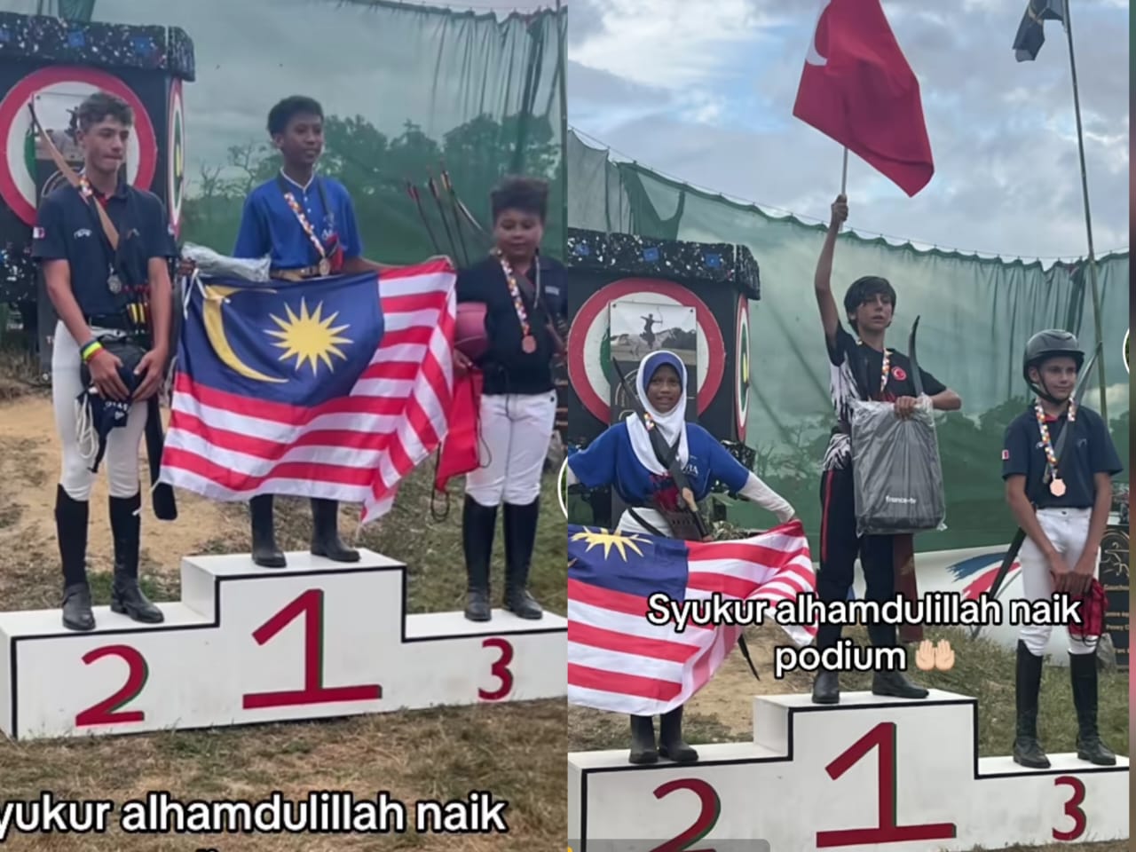 Tangkap layar video Abdurrahman dan Heba Nusaybah diumumkan juara dan naib juara European Kids Horseback Archery Championship 2024 di Gauchoux Perancis pada Ogos lalu.