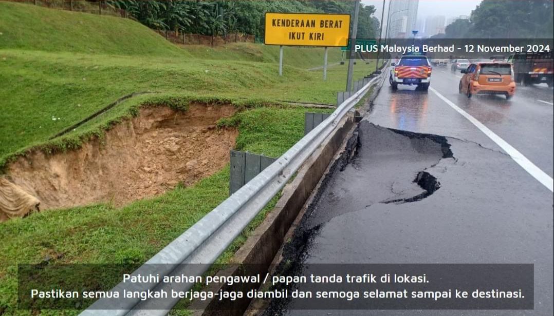 Kejadian tanah mendap di kilometer 18.6 Lebuh Raya Lembah Klang Utara NKVE Petaling Jaya hari ini.